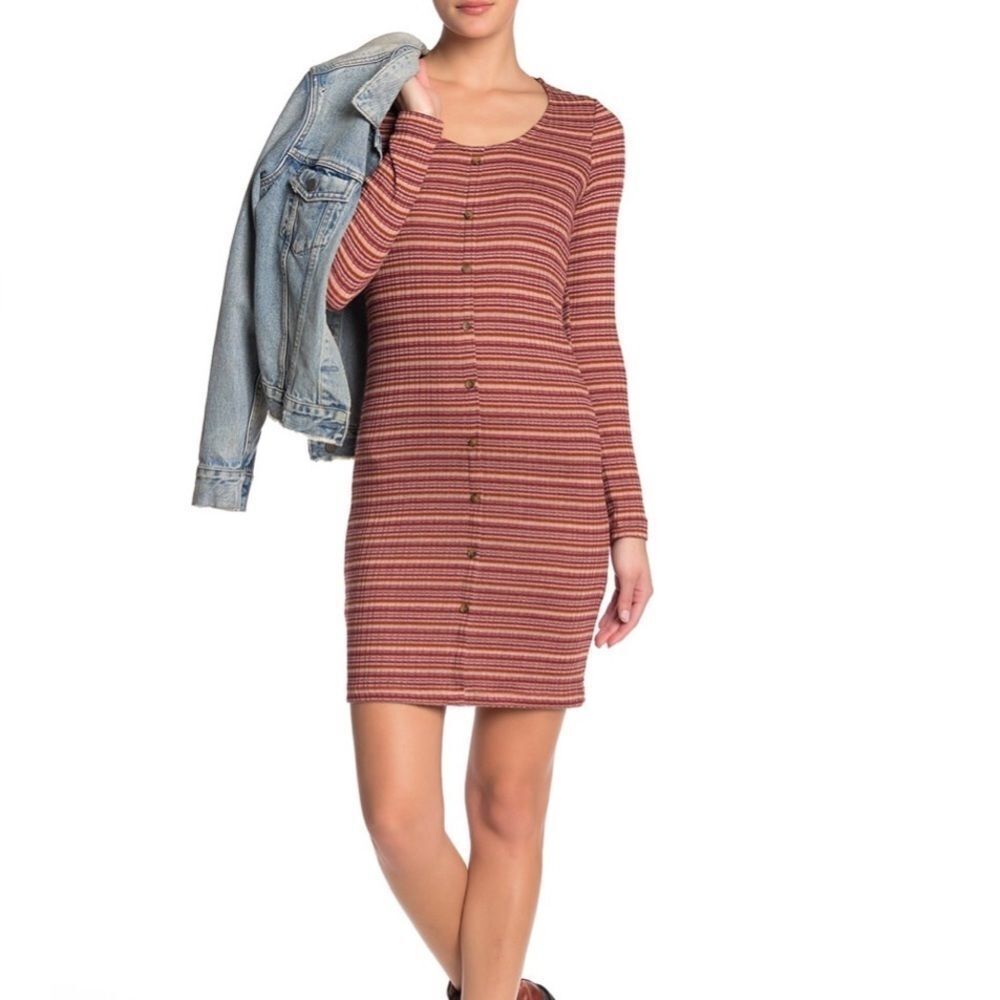 Scoop Neck Long Sleeve Brown Stripes Fitted Dress - NWT